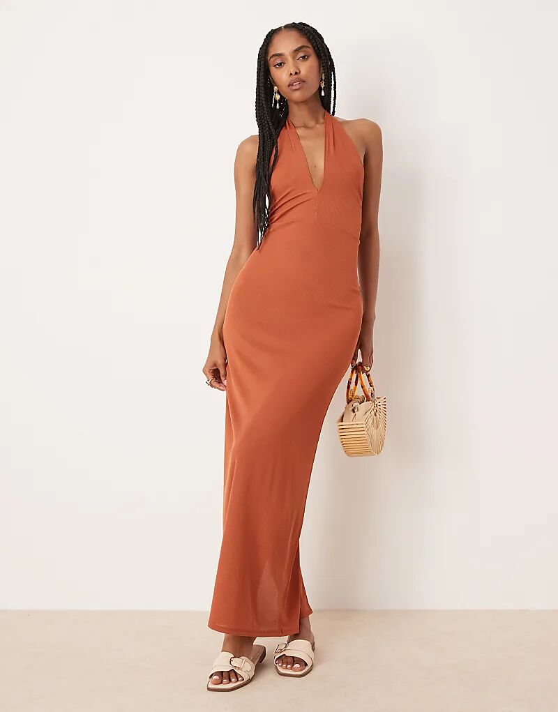 

Платье миди ASOS DESIGN с ребристым лифом и завязками на шее цвета ржавчины