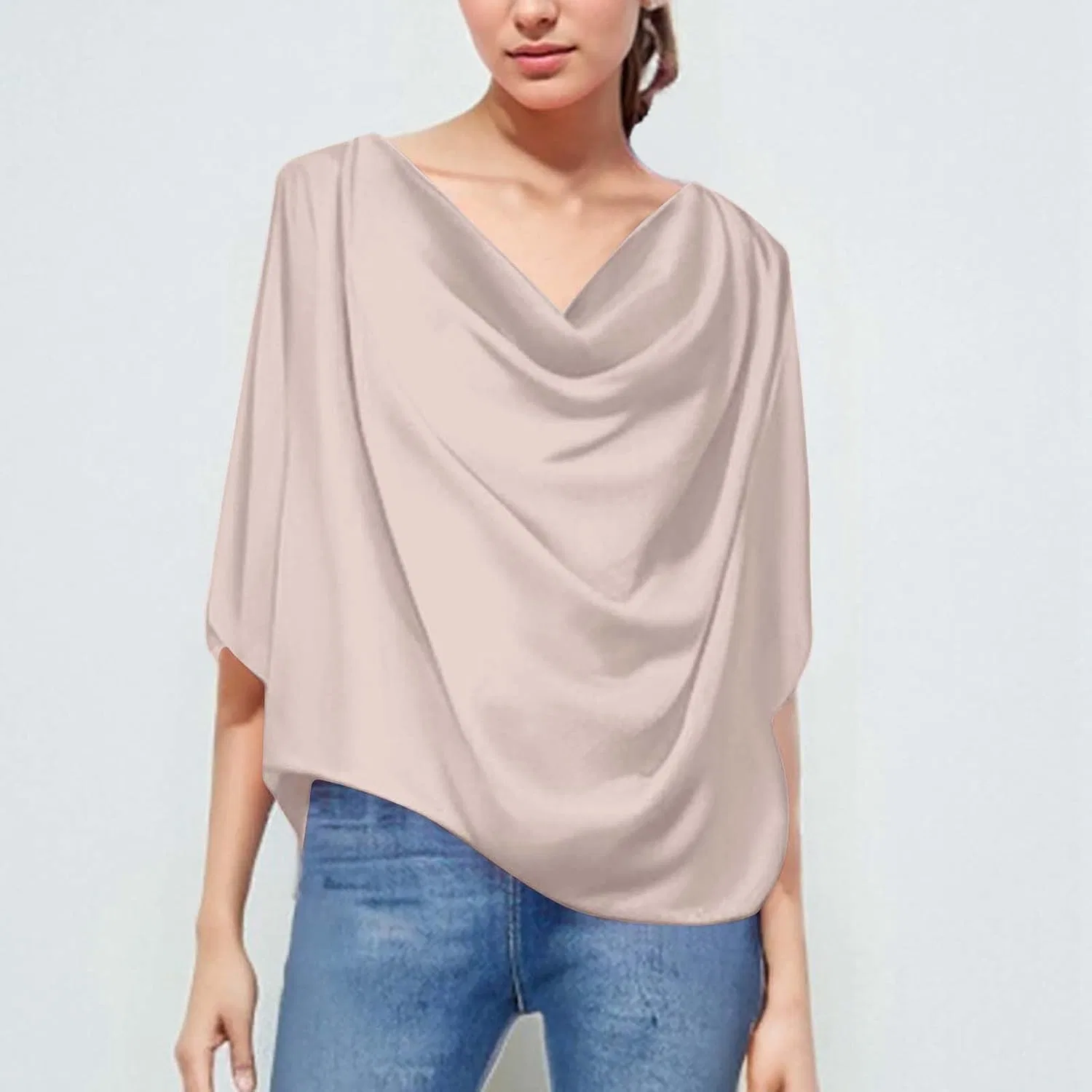 Женская свободная блуза с V-образным вырезом, Beige — фото 2