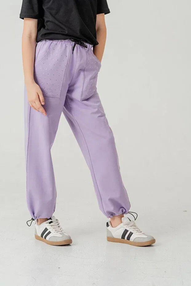 Детские спортивные штаны для девочек с принтом Pocket stoned leg brit elastic stopper Mışıl Kids, Lilac — фото 4