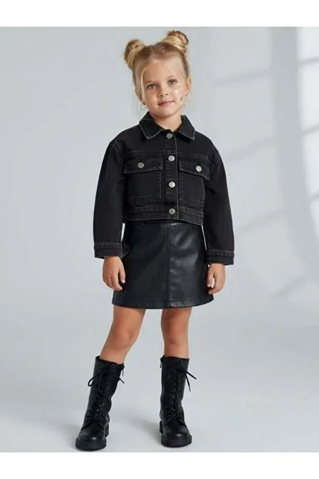 Детский джинсовое жакет для девочек с карманами Zekids, Black