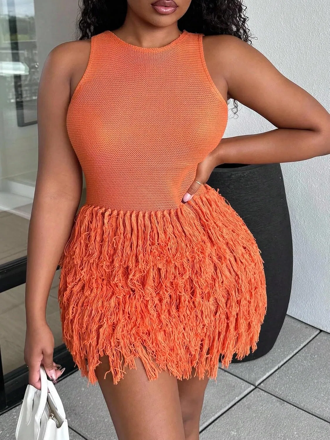 Женское мини-платье с бахромой Knit Dress, Orange — фото 4
