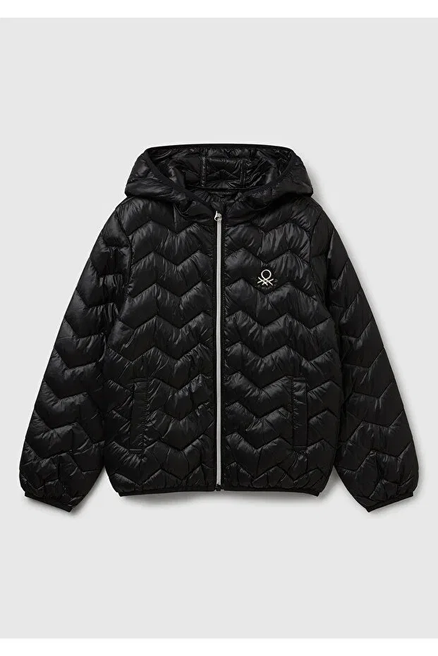 Детское пальто для девочек с капюшоном Girl'S Black Glitter Logo Detailed Hooded Seasonal Thin Coat United Colors Of Benetton, Black