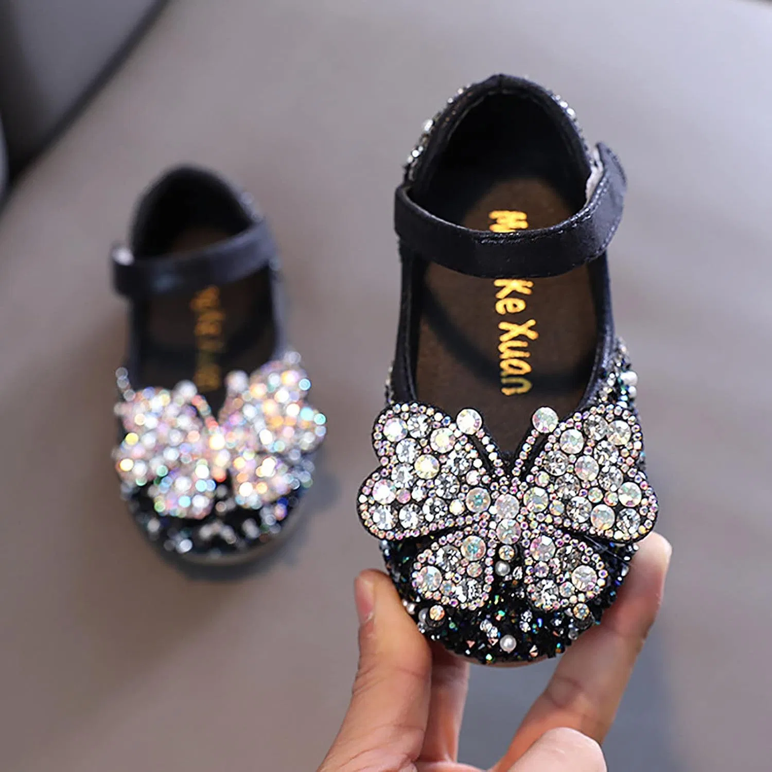 Детские туфли-балетки для девочек с принтом Rhinestones Bow Mary Jane Dress Shoes Flower Wedding Shoes Glitter Sequins Princess Ballet Flats, Black — фото 2