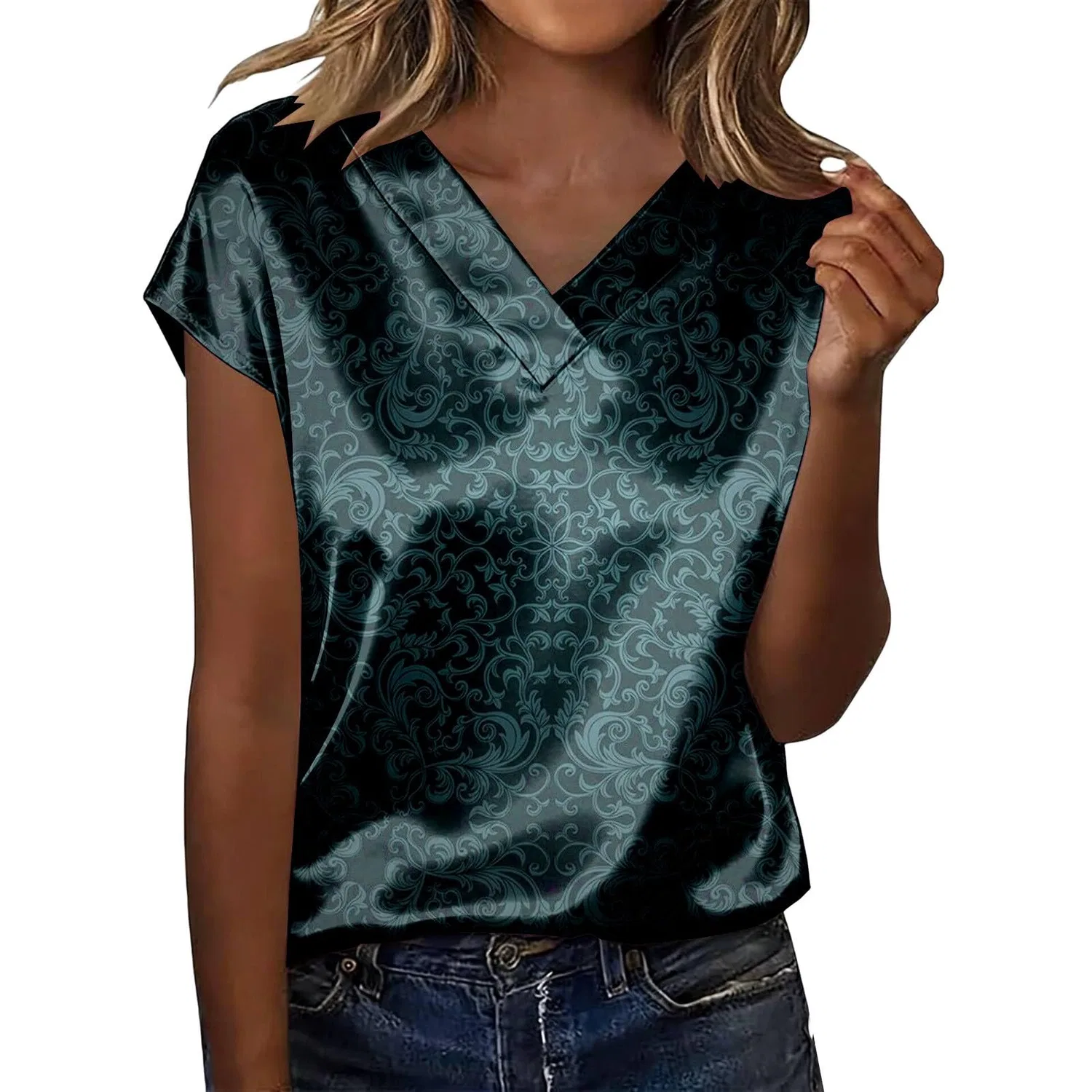 Женская блузка с коротким рукавом из шелкового сатина, Z22-green Satin Blouses for Women