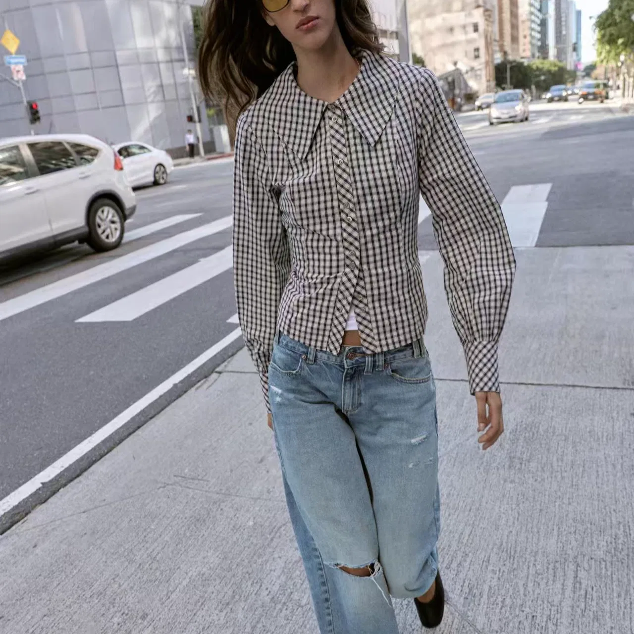 Женская рубашка с лацканами Brown/Blue ZARA, Brown/Blue — фото 4