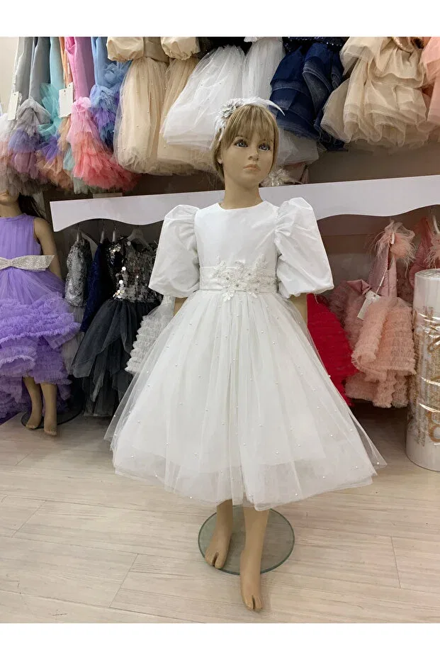 Детское платье для девочек с длинным рукавом Pearl detailed tulle skirt girl's evening dress Lindissima, White — фото 4