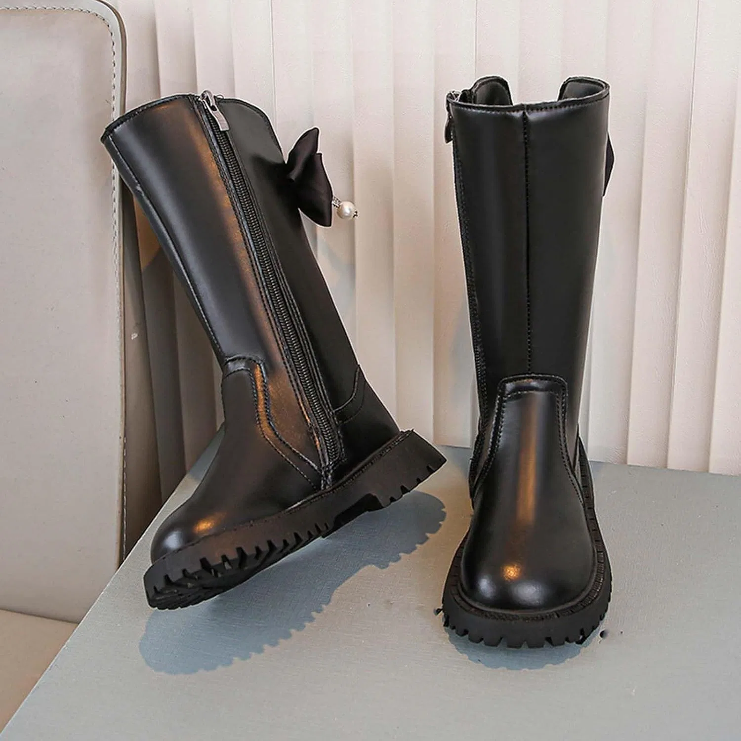 Детские сапоги для девочек с принтом банта, модель Girls Leather Knee High Boots, Black — фото 3