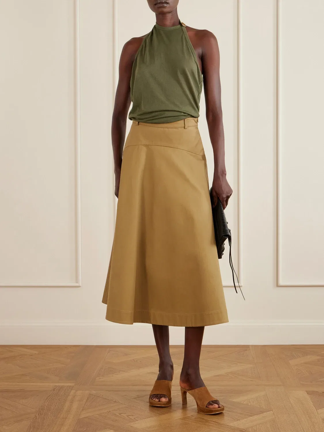 Хлопковая юбка миди А-силуэта BALENCIAGA, коричневый — фото 2