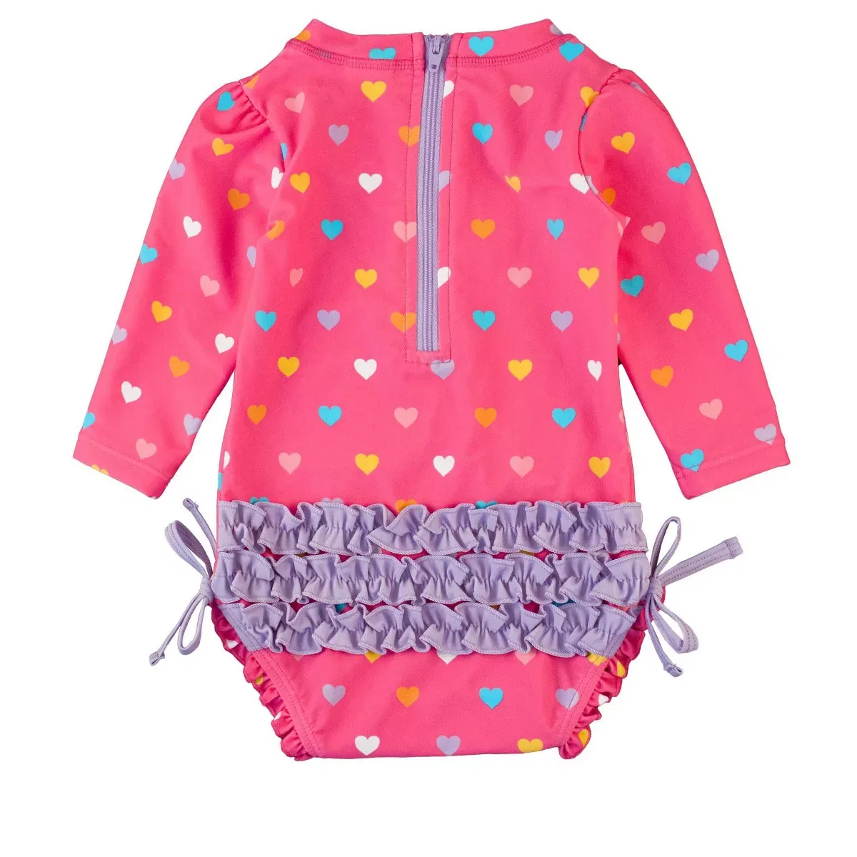 Детский цельный купальник-рашгард с длинным рукавом с принтом RuffleButts, Colorful Hearts — фото 2