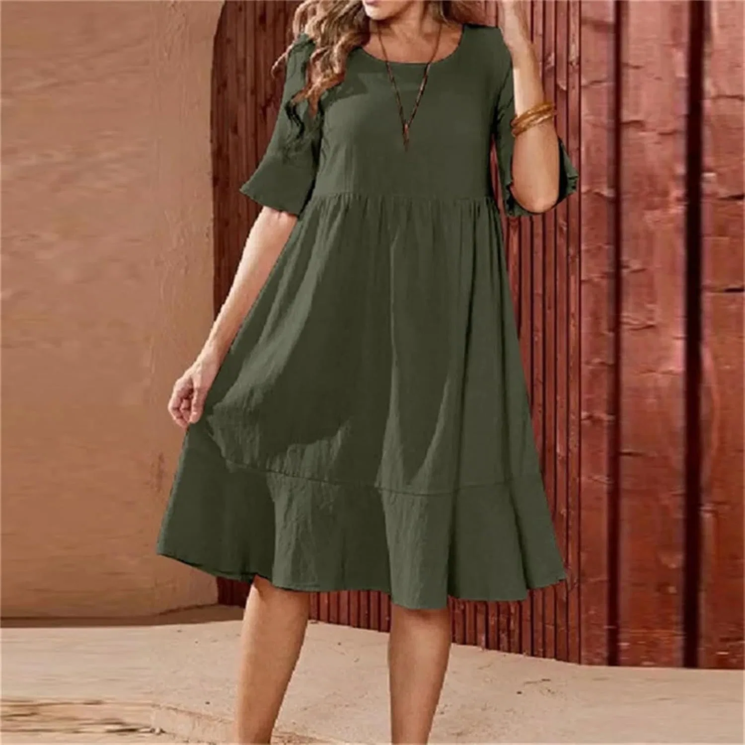 Женское свободное платье миди с плиссе V-образным вырезом, Army Green — фото 4