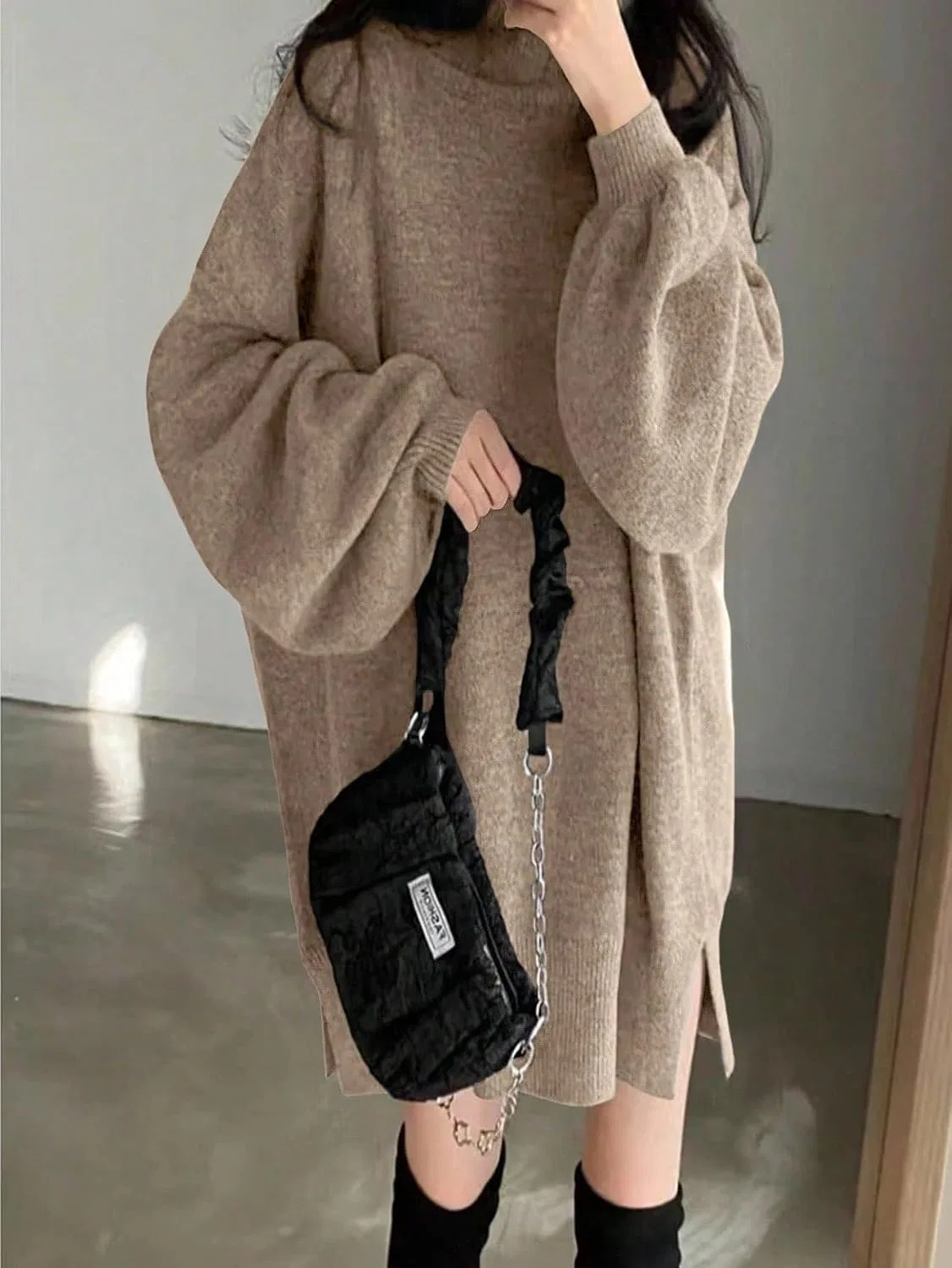 Женское платье свободного кроя с высоким воротом, LiuFY-Mall, Camel — фото 3