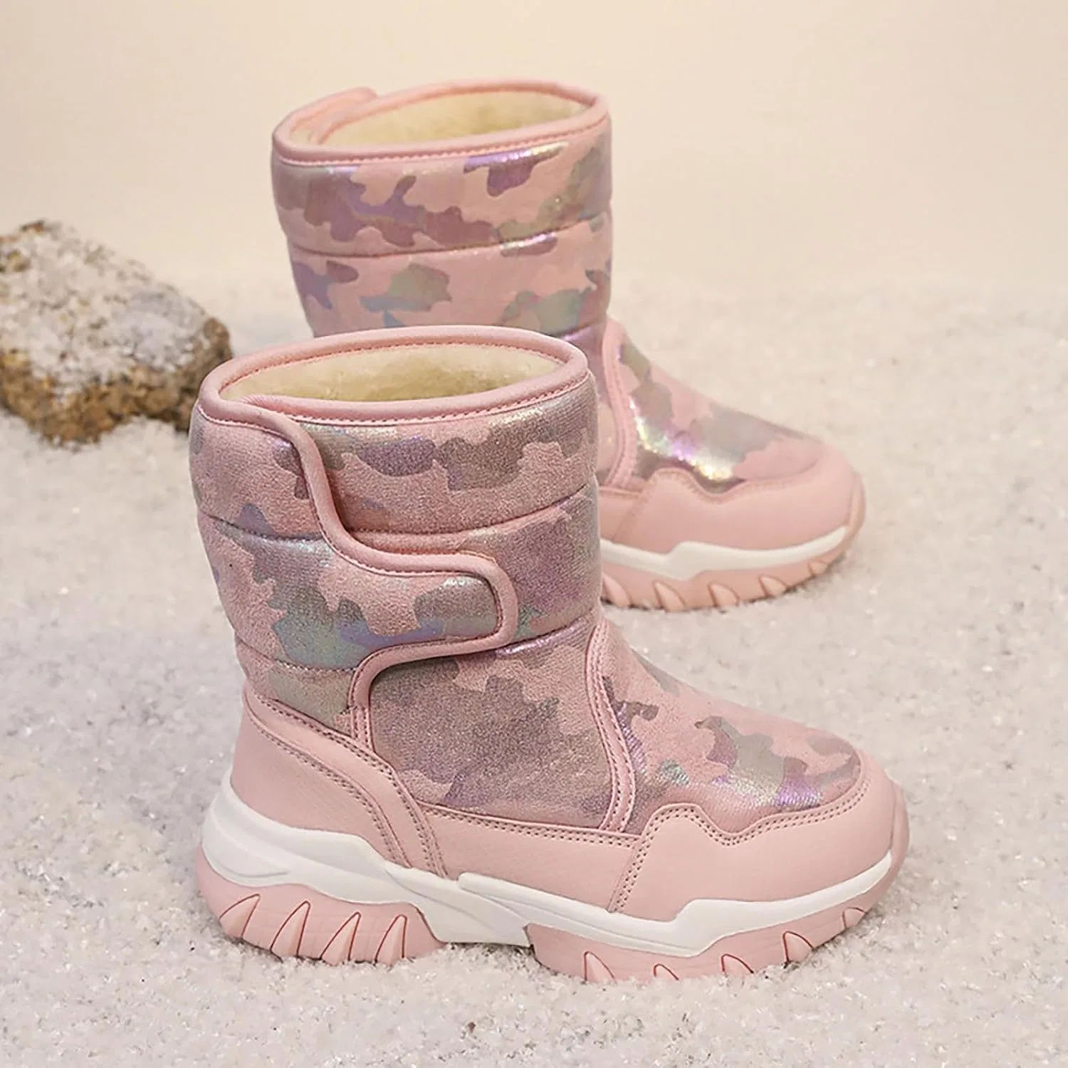 Детские зимние ботинки для мальчиков и девочек с меховой подкладкой, Pink — фото 3