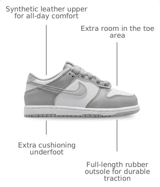 Детские кроссовки для девочек Nike Dunk Low Little Kids' Shoes, White/White/Light Smoke Grey — фото 3