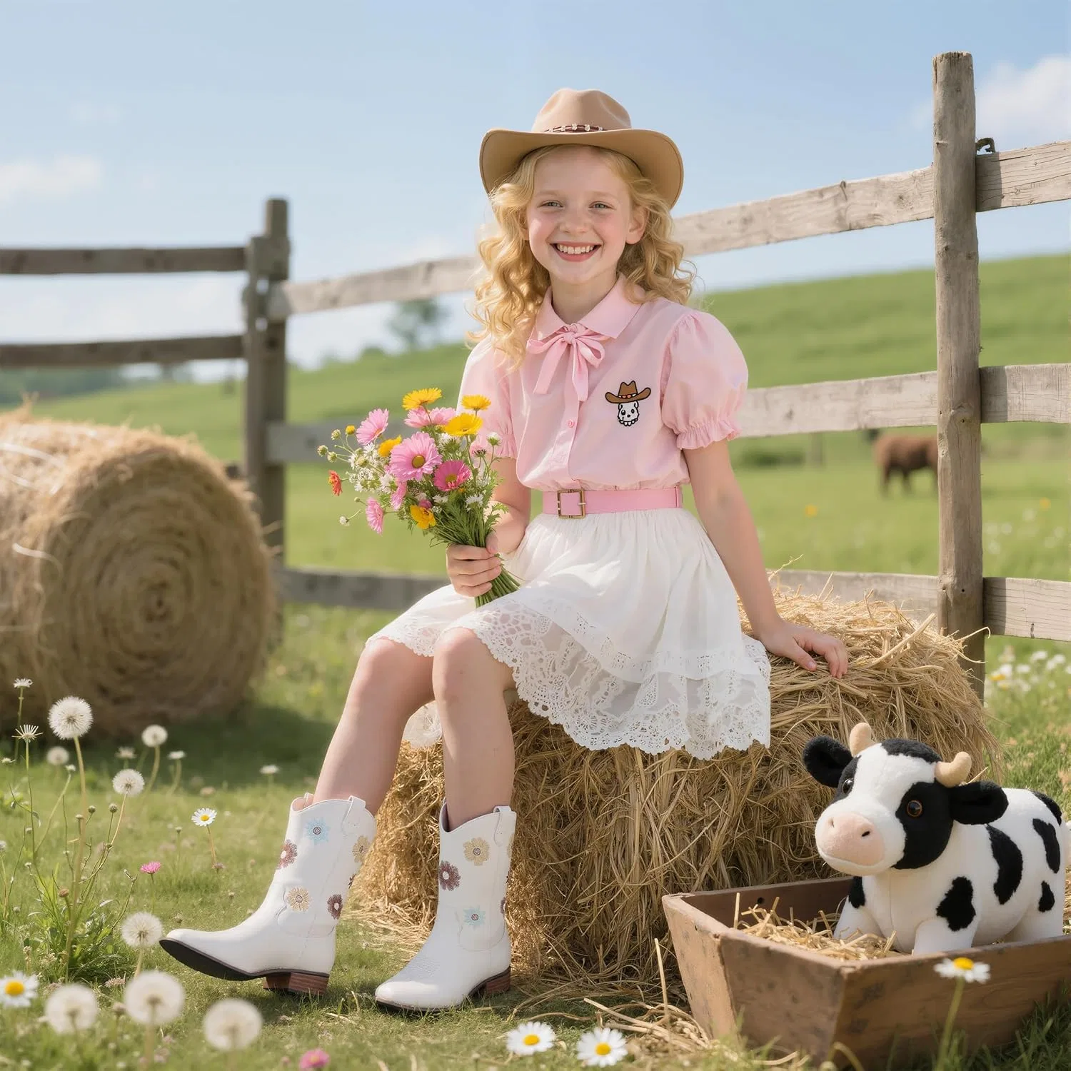 Детские сапоги для девочек с цветочной вышивкой Cowgirl Boots Goiphrri, White — фото 4