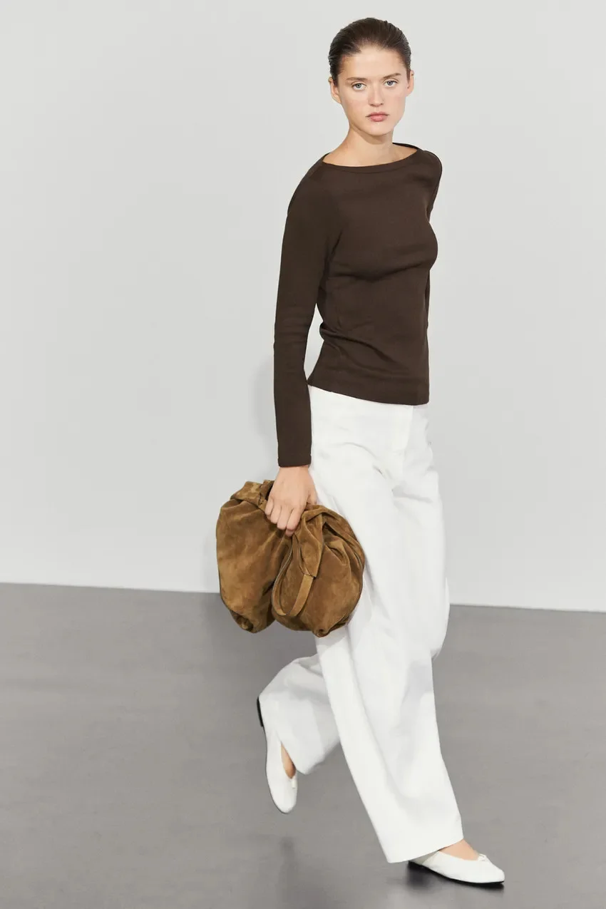 Лонгслив Massimo Dutti 100 % Cotton с вырезом лодочка, коричневый — фото 3
