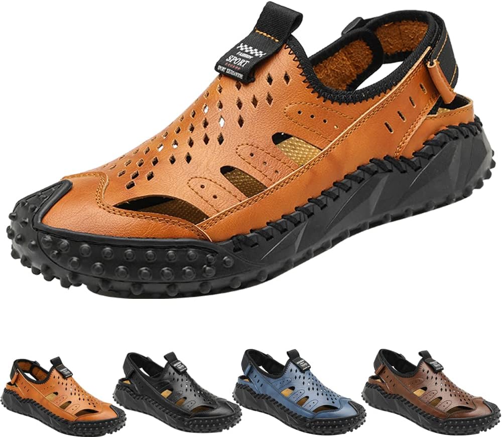 

Мужские модные повседневные кожаные сандалии для активного отдыха, походов и прогулок, с закрытым носком, дышащие и удобные Generic, светло-коричневый