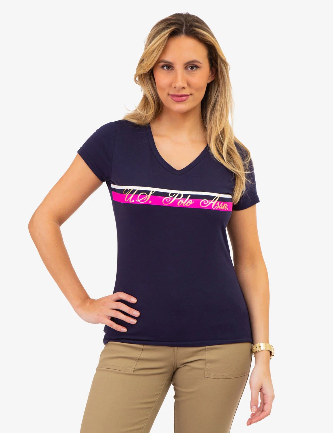 

Футболка U.S. Polo Assn. V-neck Stripe Foil Graphic, темно-синий