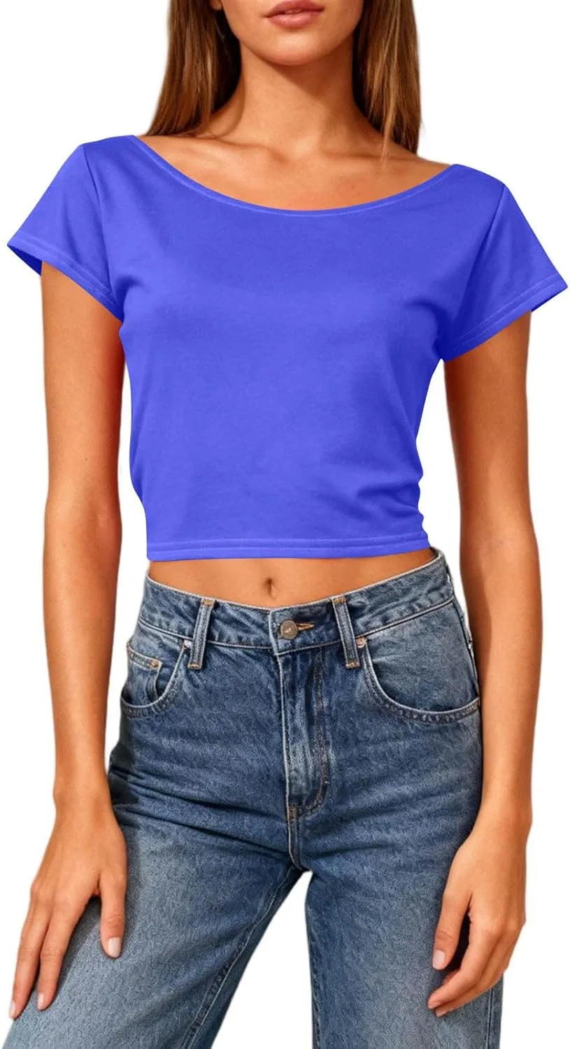 Женская свободная футболка с открытой спиной Crop Top, Blue — фото 4
