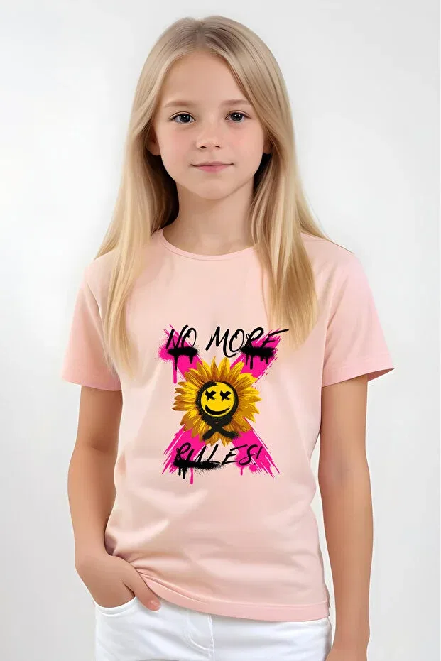 Детский комплект футболок для девочек с принтом Girl'S power-no more-emoji-be cute-don't worry Panios Kids, Lilac Mint Green Light Pink Black Red — фото 4
