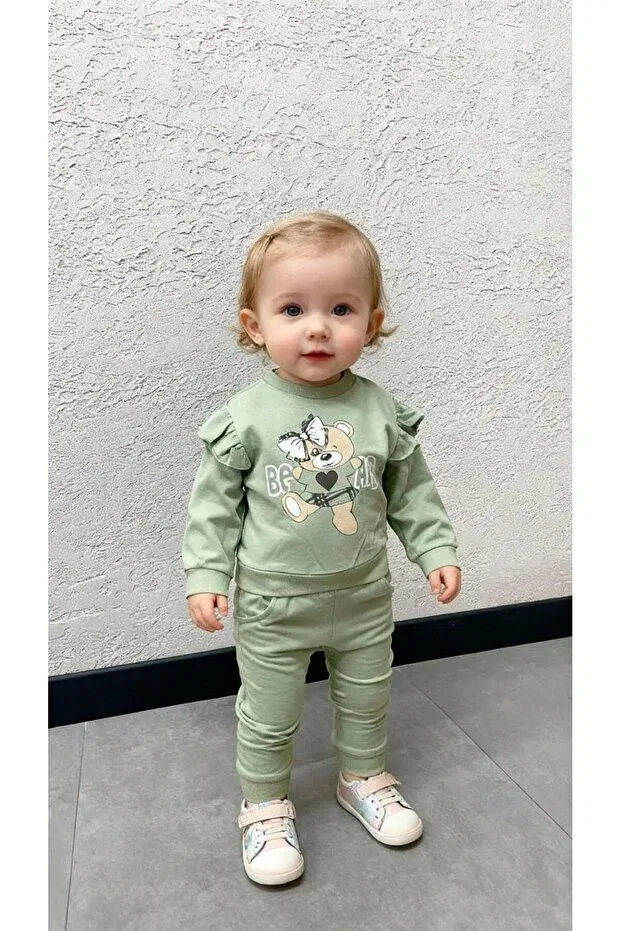Детский комплект толстовки и брюк для девочек с принтом Mini Teddy Bear Gocoland, Green — фото 2