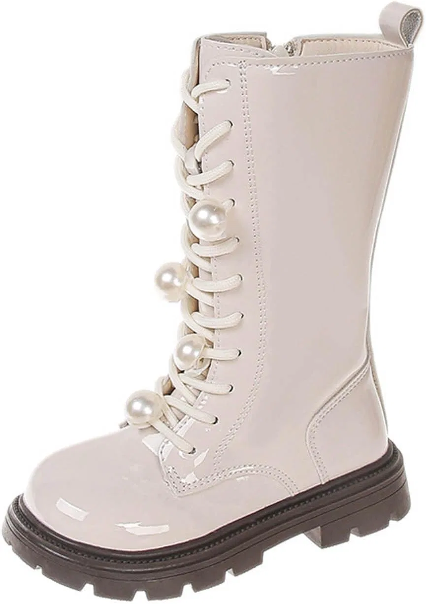 Детские ботинки для девочек с жемчугом Combat Boots Zzalalana, White