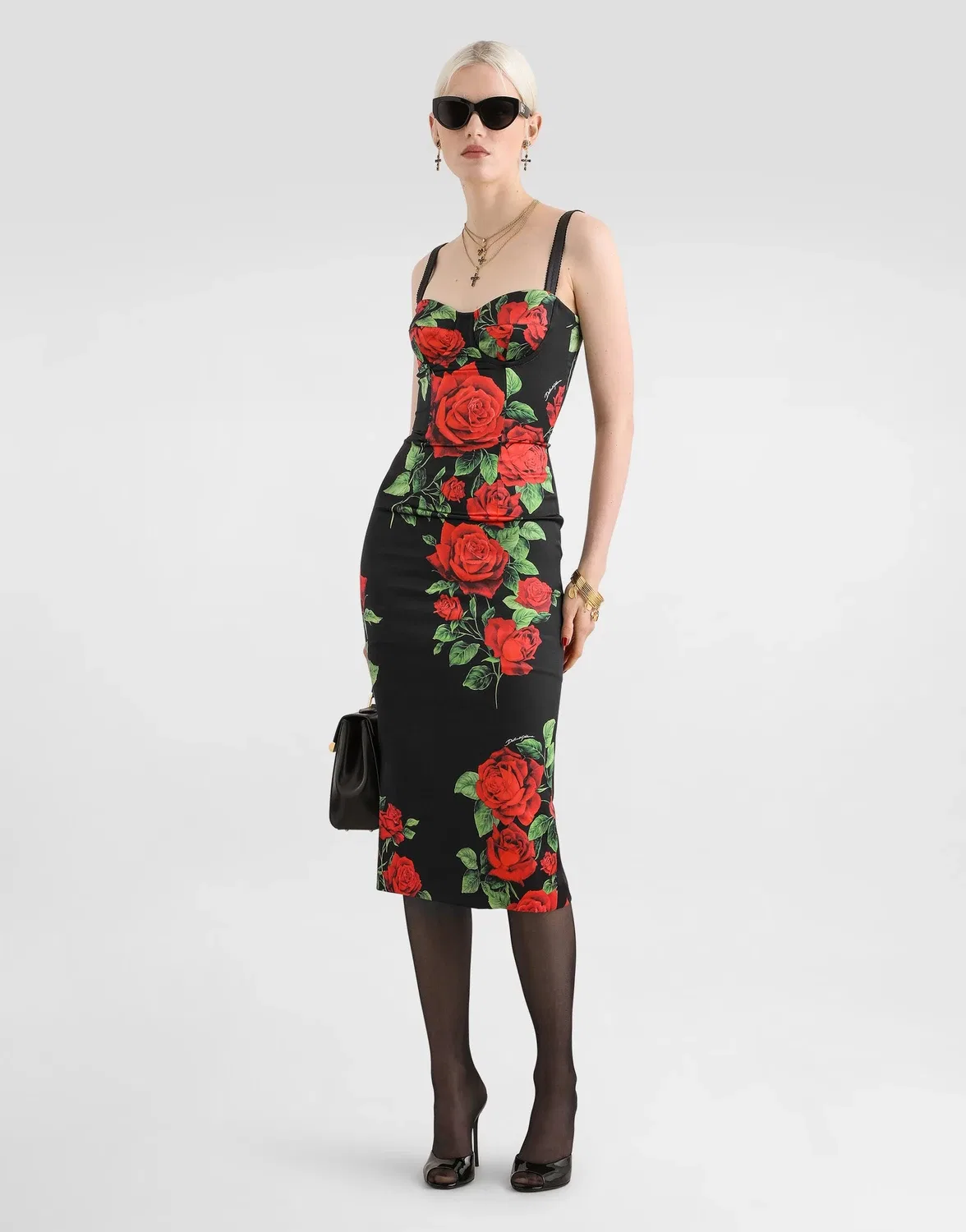 Атласное платье с принтом роз Dolce & Gabbana, серый — фото 2
