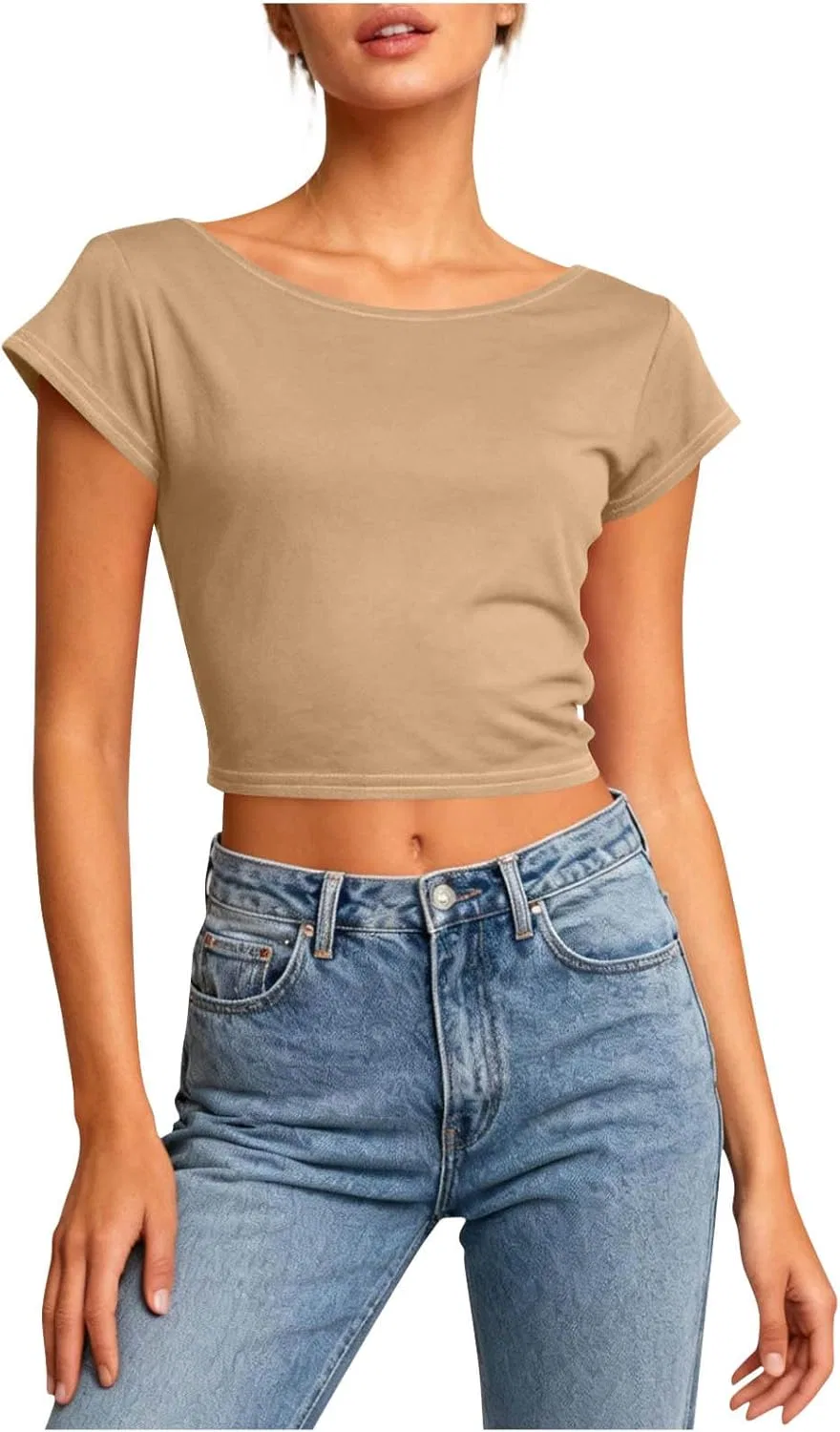 Женская свободная футболка с открытой спиной Crop Top, Khaki — фото 2