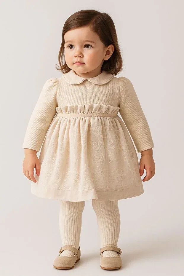 Детское платье для девочек с вышивкой Mixmax Bebe, Ecru