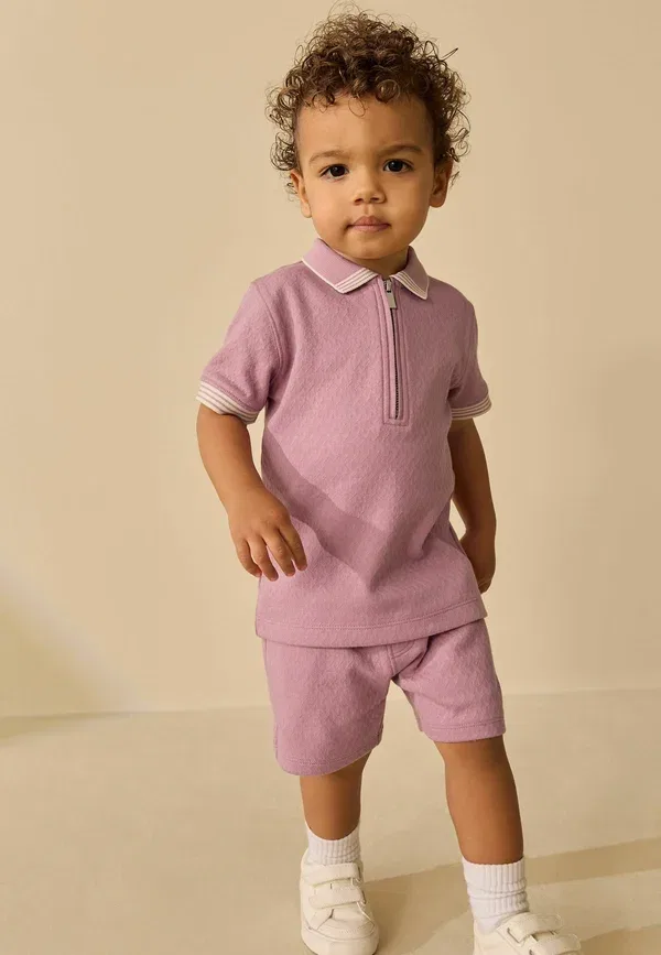 Комплект из футболки поло и шорт с эластичным поясом, Next, Pink Zip Neck, розовый