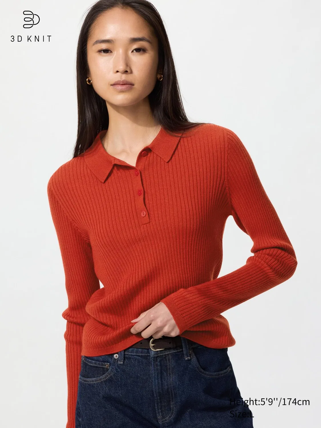 Свитер-поло Uniqlo 3D вязаный ребристый, из смеси мериносовой шерсти, красный