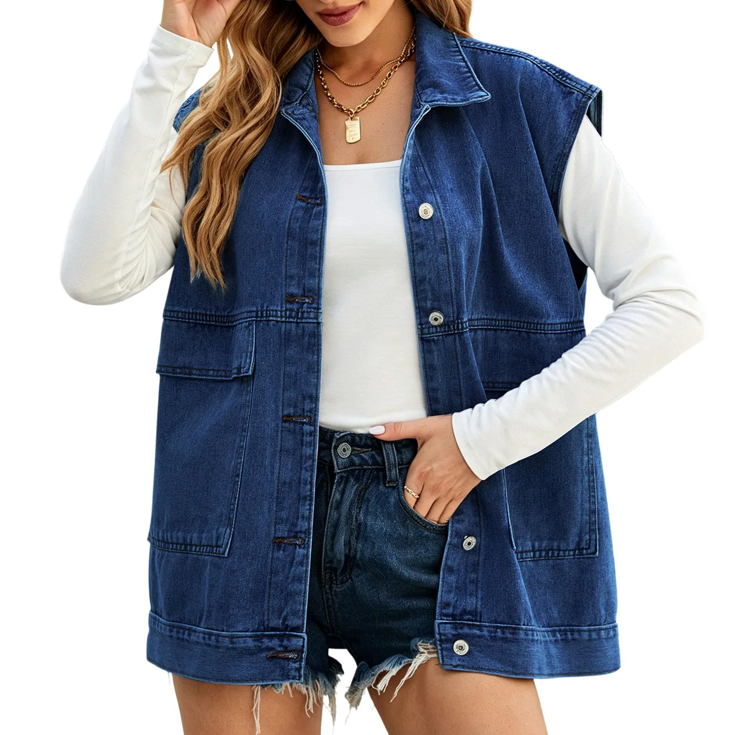 Женский джинсовый жилет без рукавов оверсайз, Blu navy A