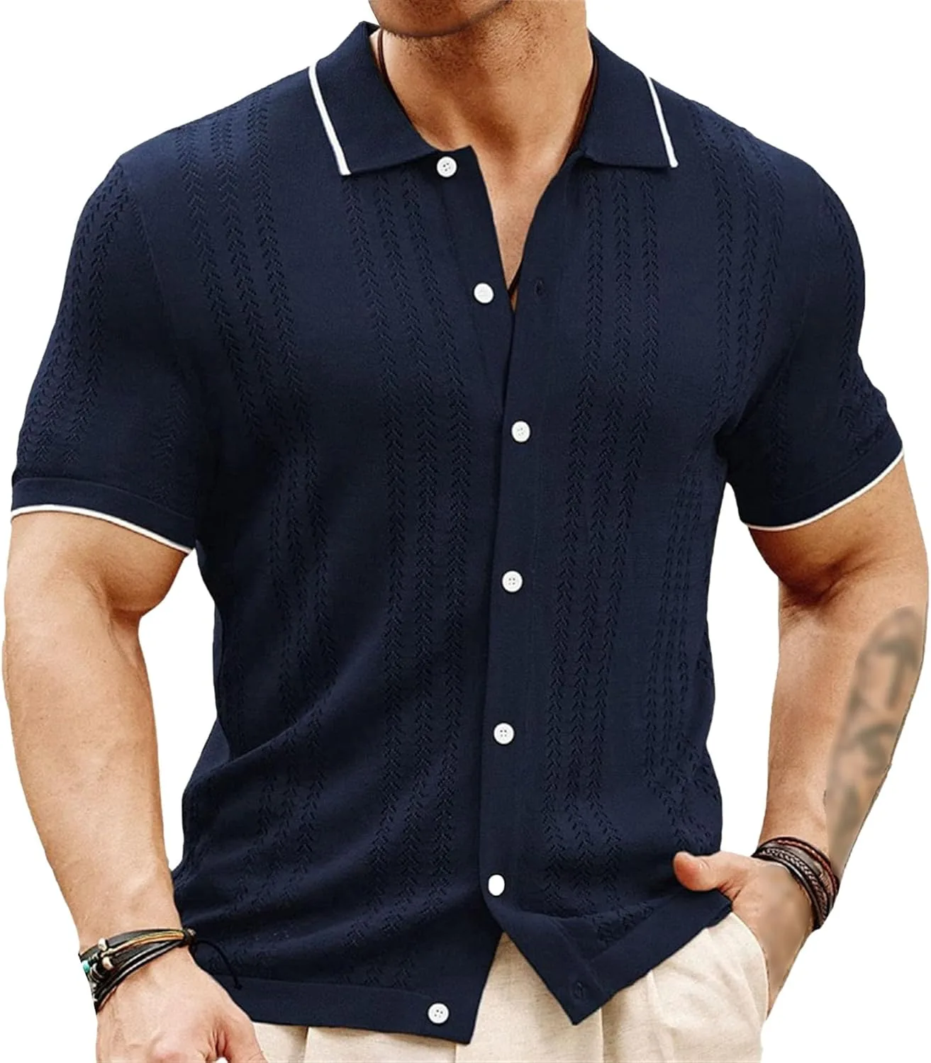 

Мужская рубашка с кубинским воротником и ажурной вязкой, короткий рукав PHJTOMK