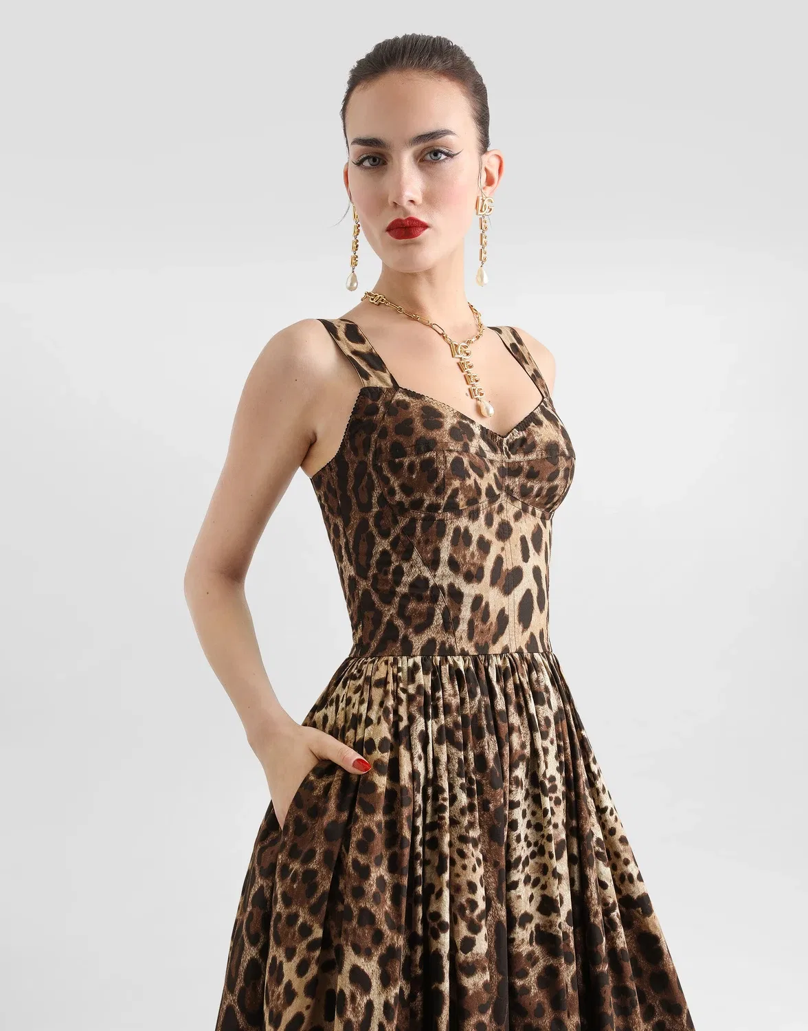 Платье из поплина с леопардовым принтом Dolce & Gabbana, коричневый — фото 4