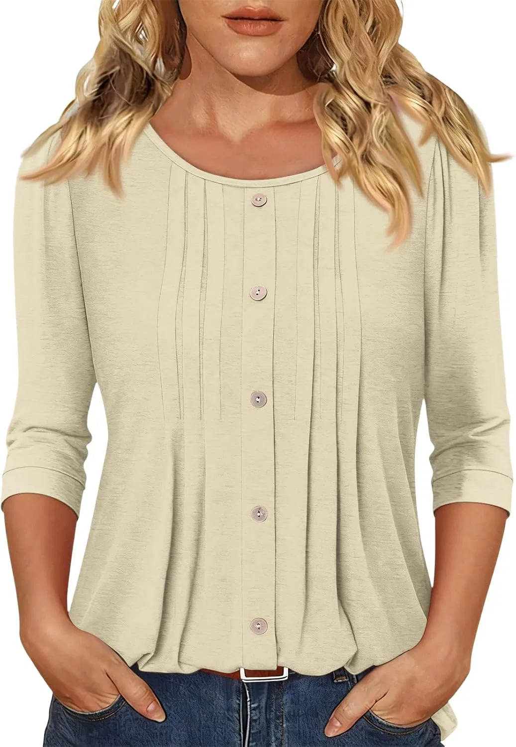 Женская блузка с плиссировкой, 3/4 рукава, Beige