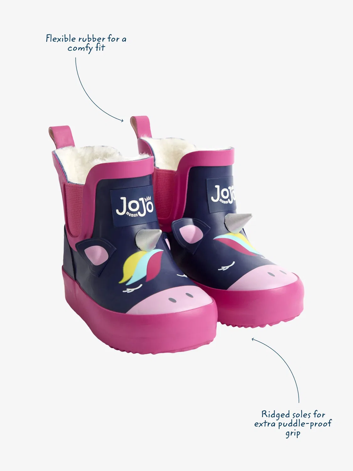 Резиновые сапоги, с флисовой подкладкой, JoJo Maman Bébé, Navy/Pink Unicorn — фото 3