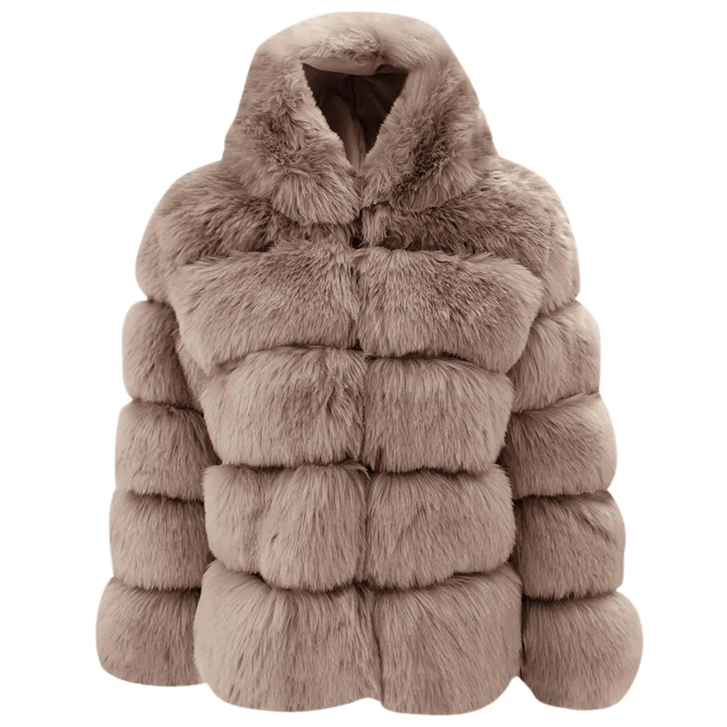 Женское утепленное пальто с капюшоном из флиса, Beige-b — фото 3