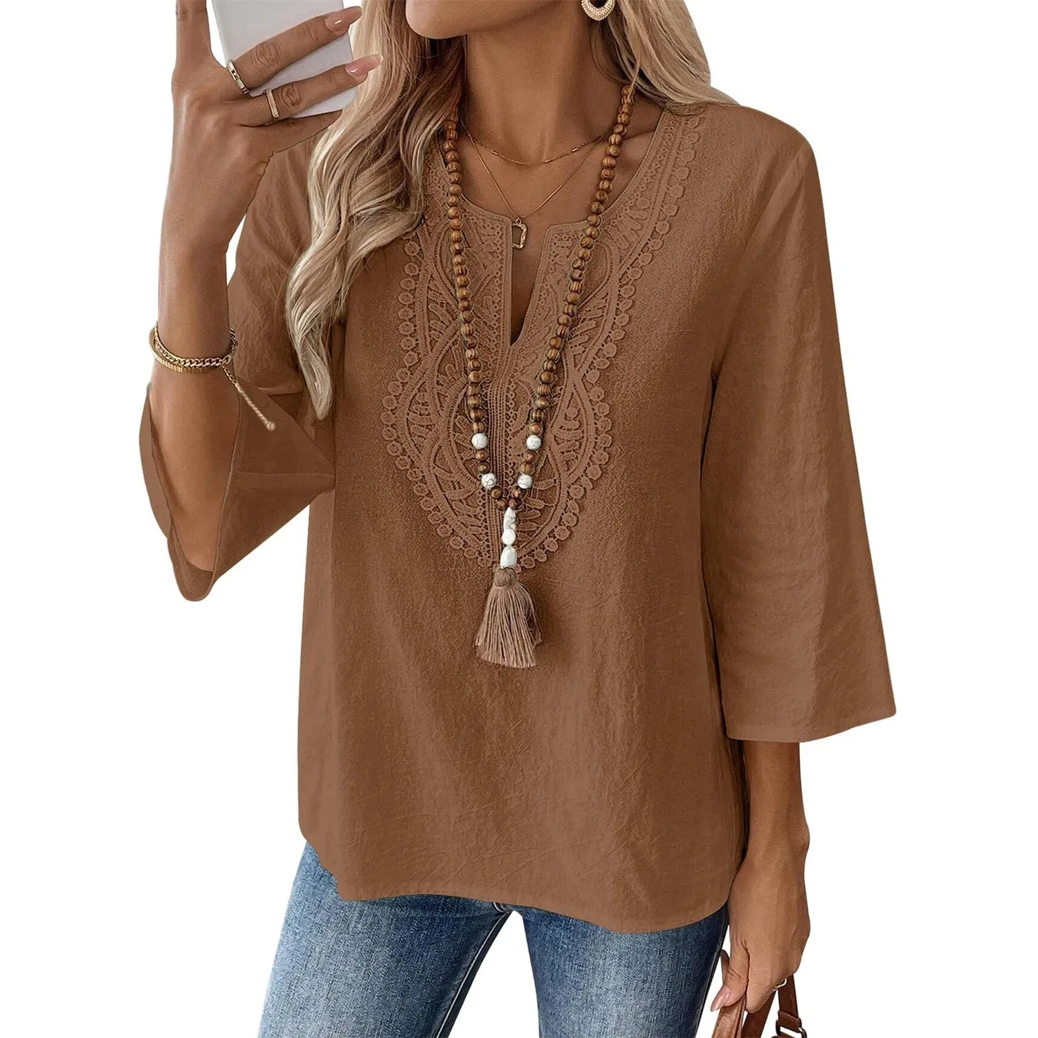 Женская льняная туника с вышивкой Retro 3/4 Sleeve Boho Casual Loose Fit Lightweight Summer Beach Blouse, D-brown