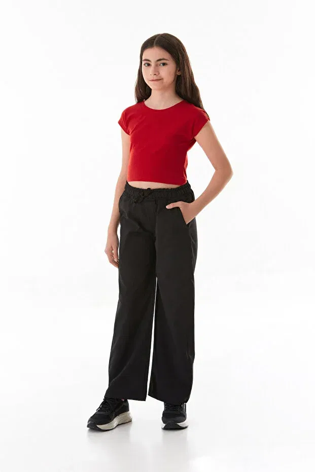 Детские брюки для девочек широкие Parachute fabric girl's trousers with tie waist Fulla Moda, Black