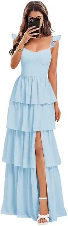 Женское вечернее платье A-силуэта с высокой шлицей, Tiered Ruffle, Light Blue