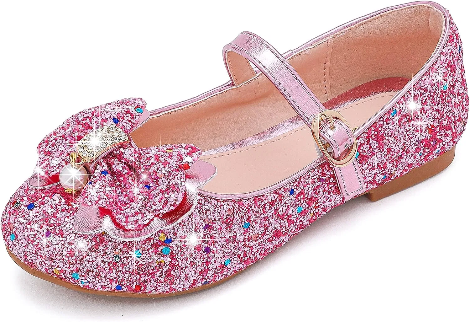 Детские туфли для девочек с блестками и цветком Furdeour, Sequin Pink
