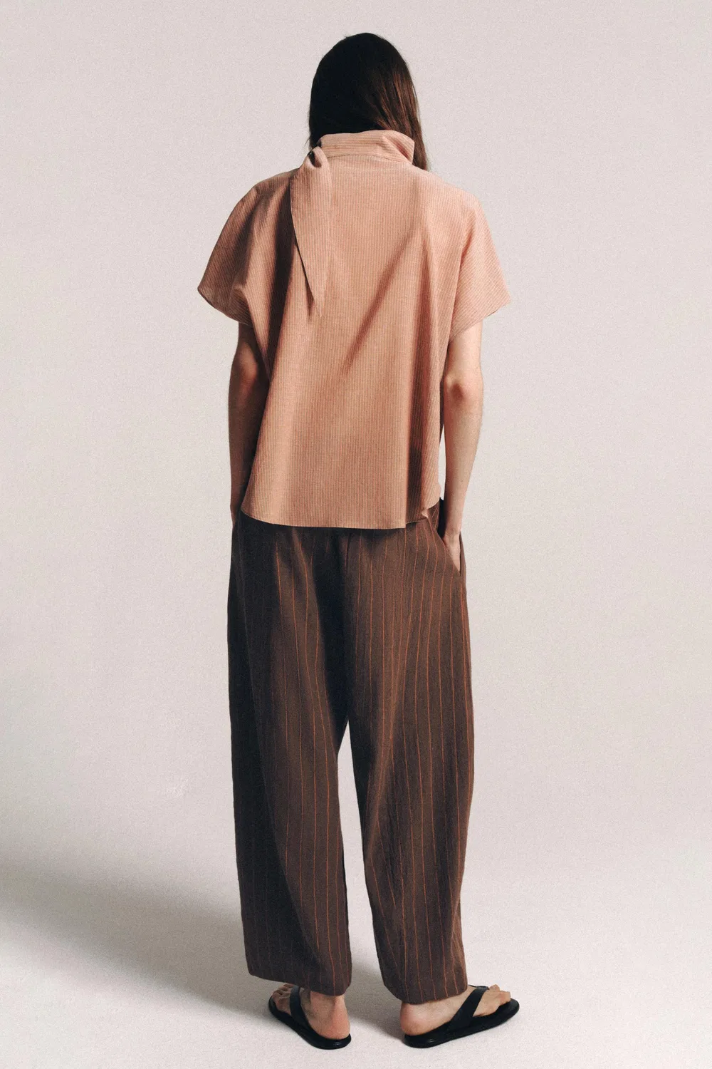 Брюки из полосатой льняной смеси из коллекции ZW ZARA, Brown — фото 3