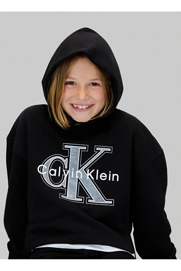 Детское худи для девочек с принтом Calvin Klein, Black — фото 3