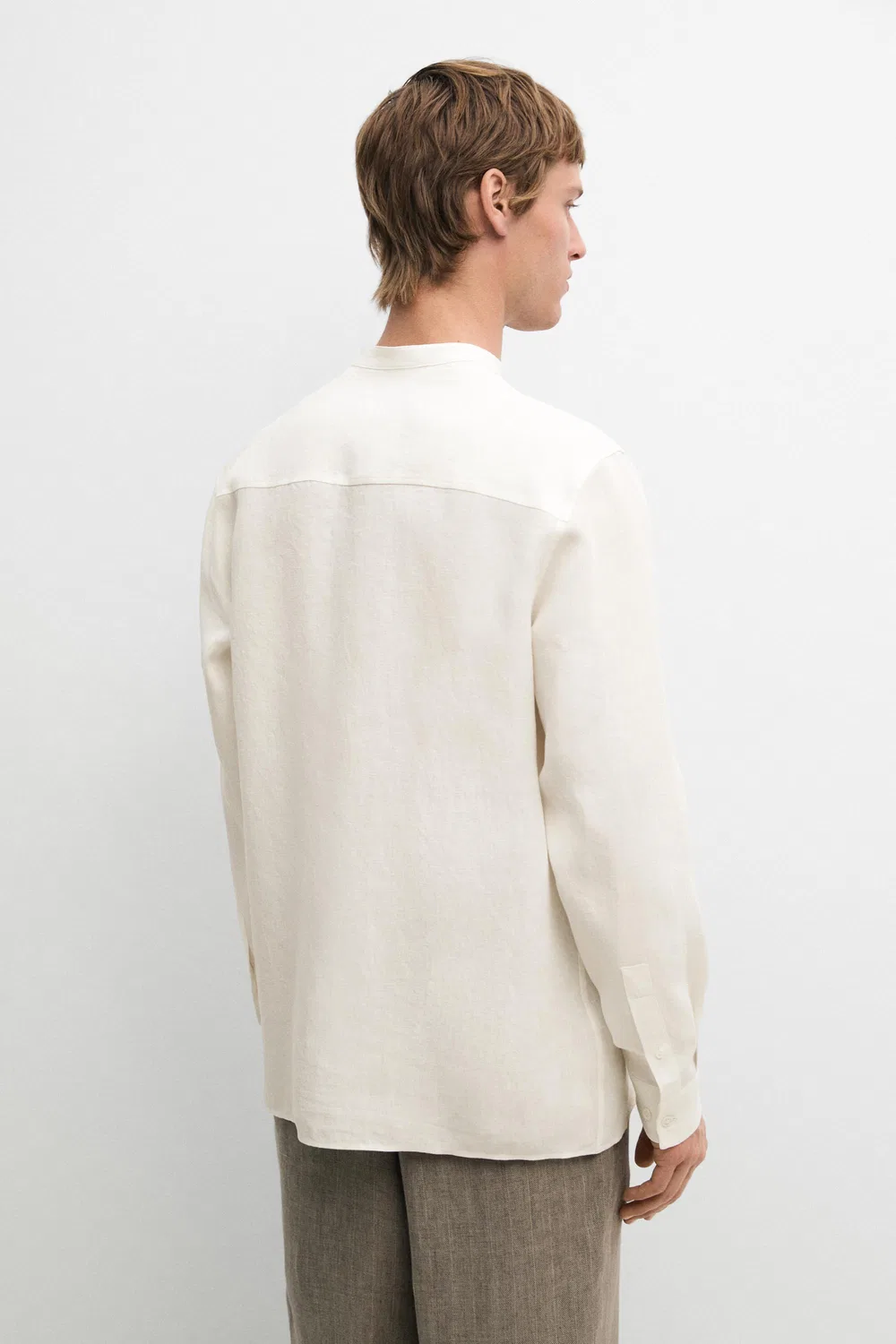 Рубашка из 100% льна, прямого кроя, со стоячим воротником Massimo Dutti, кремовый — фото 3