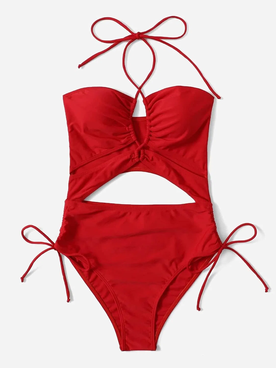 Женский цельный купальник с вырезами и завязками Halter, Red — фото 4