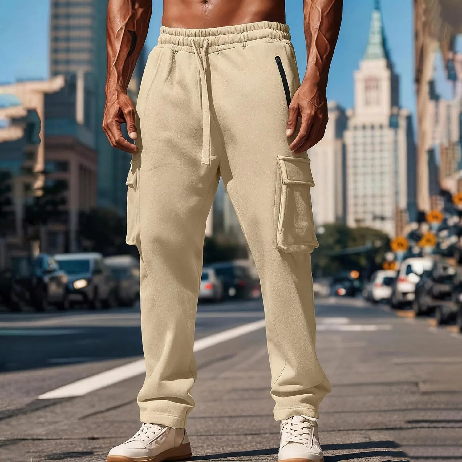 Мужские широкие спортивные штаны Baggy Track Pants с завязками на поясе и карманами на молнии, бежевый — фото 2