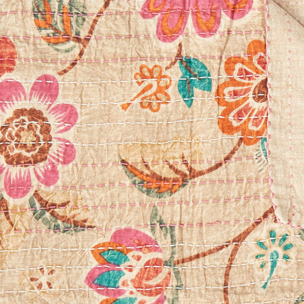 

70 x 50 дюймов бежево-розово-оранжево-зеленое хлопковое одеяло Kantha с цветочным узором и вышивкой Homezia, цвет Multicolored
