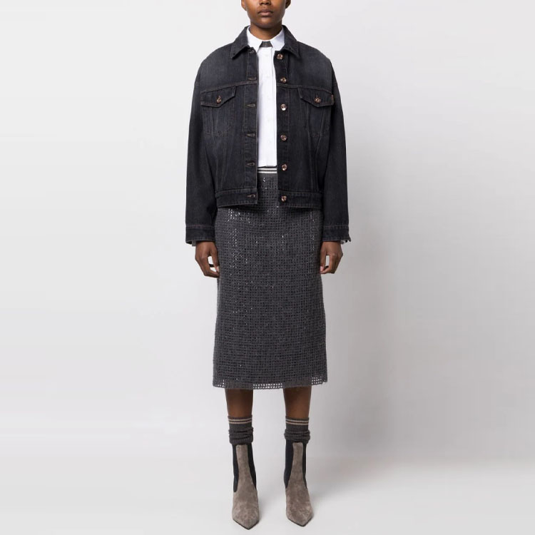 Brunello Cucinelli Аутентичная джинсовая куртка с украшениями Monili, Black — фото 4