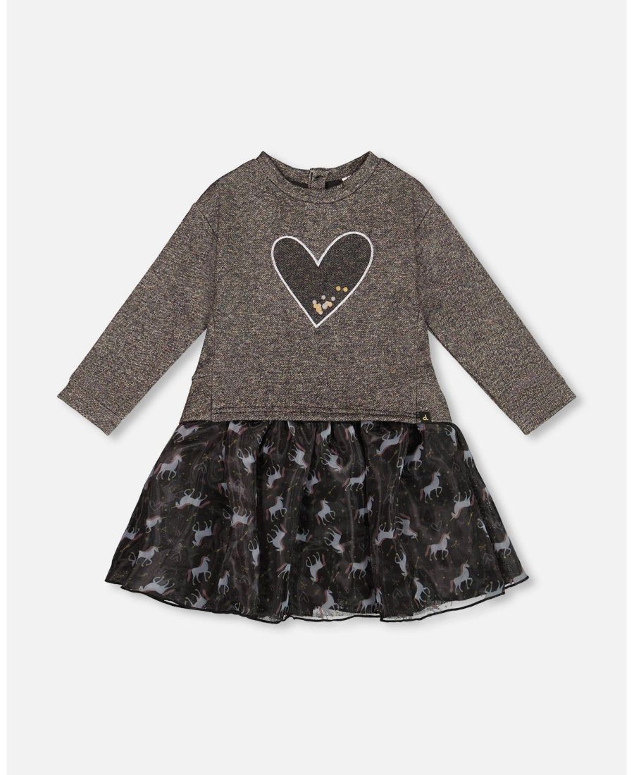 

Детское двухслойное платье для девочки, черное, с сетчатой юбкой и сердечком Deux par Deux, Black