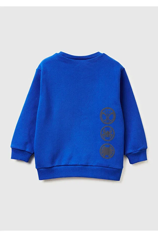 Детские свитшот для мальчиков с принтом Spiderman Print Logo Embossed Ribbed United Colors Of Benetton, Saks Blue — фото 2