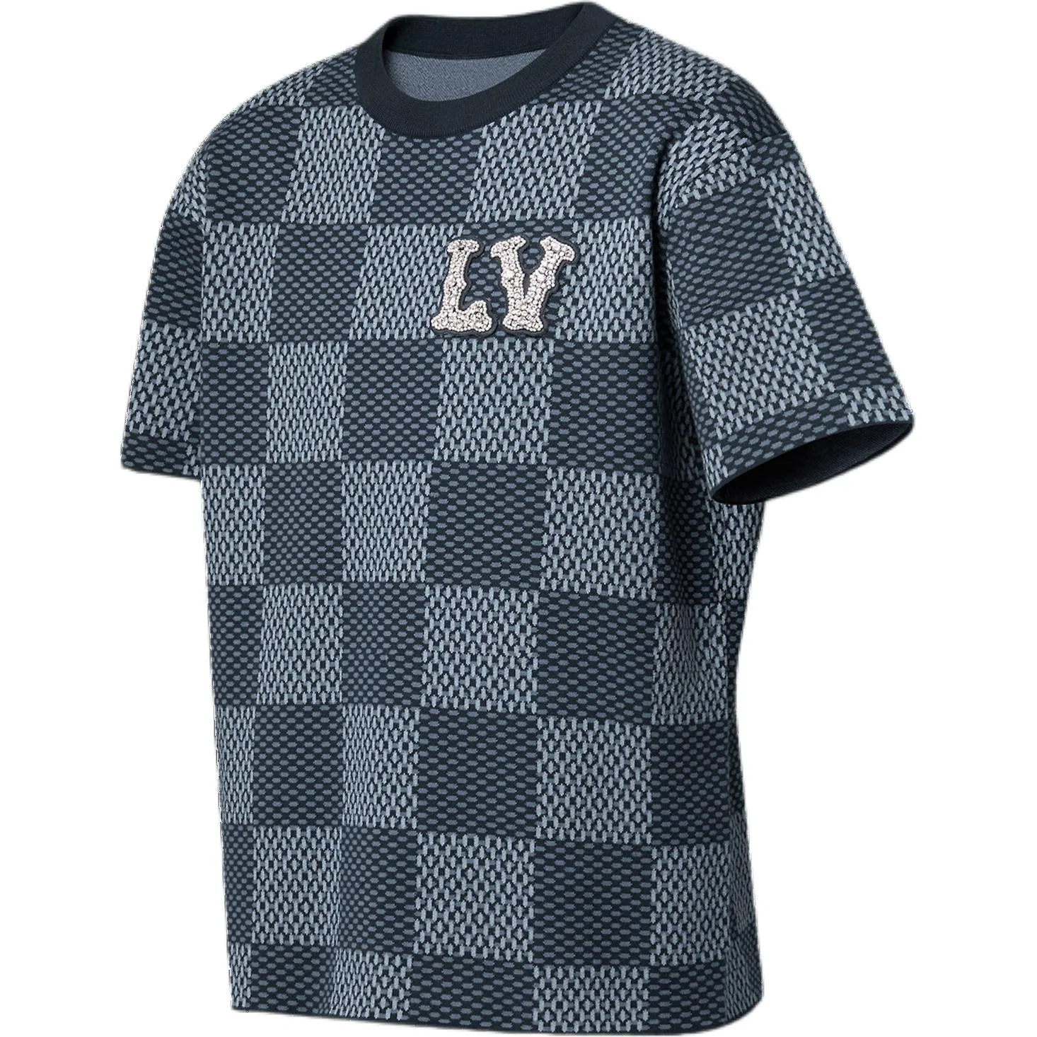 Мужская футболка с принтом Damier Short-Sleeved Crewneck With Lv Crystal Patch LOUIS VUITTON, Indigo — фото 4